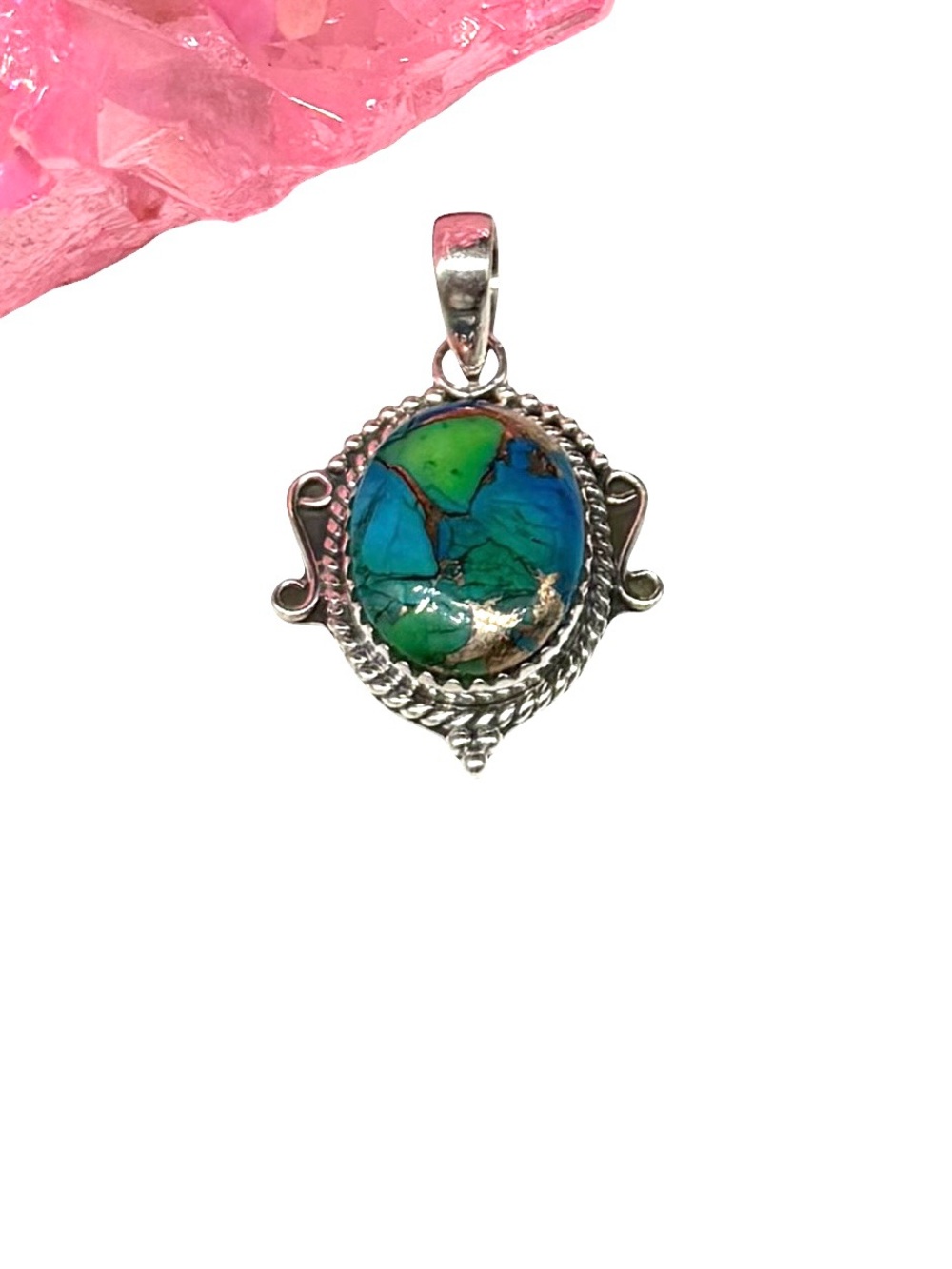 Kingman Peacock Green Dahlia Turquoise Necklace Pendant 925 Sterling Silver